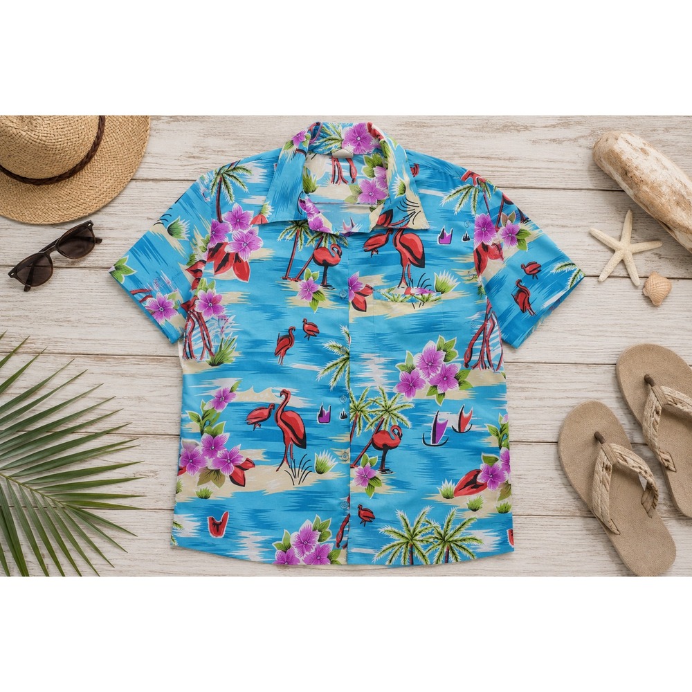 King Kameha Hawaiian Tropical Blue Short Sleeve Button Down Shirt, Size Medium